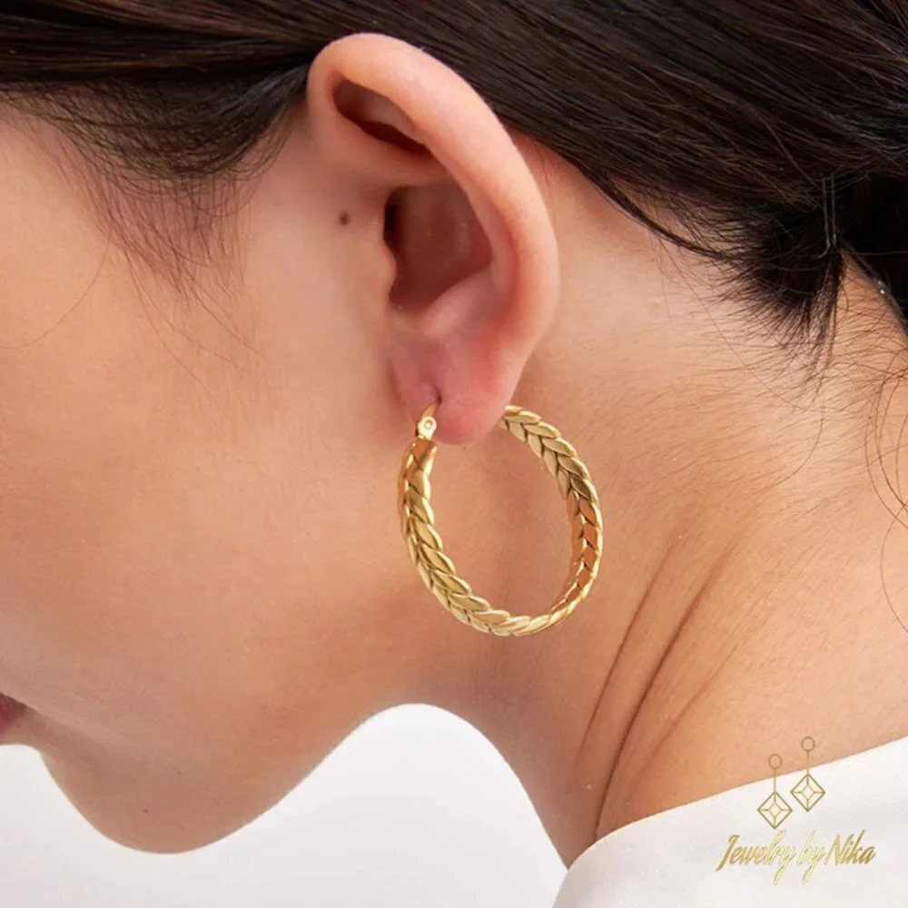 NEW 14K Yellow Gold Elyvian Boho Twisted Chain Statement Luxury Hoop Earrings